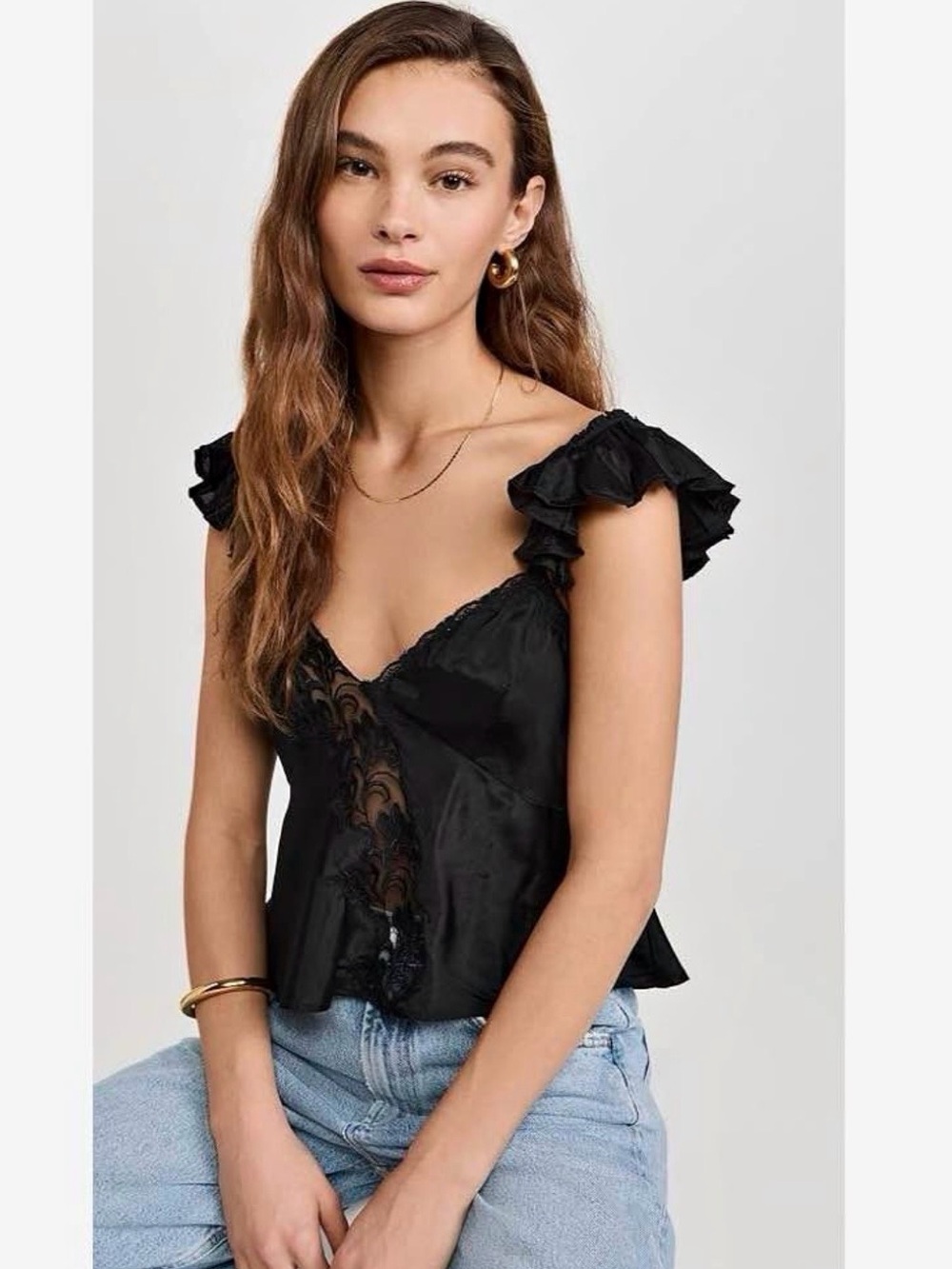 NWT Free People Black Lace-Trim Ruffle Sleeve Satin Tank Top